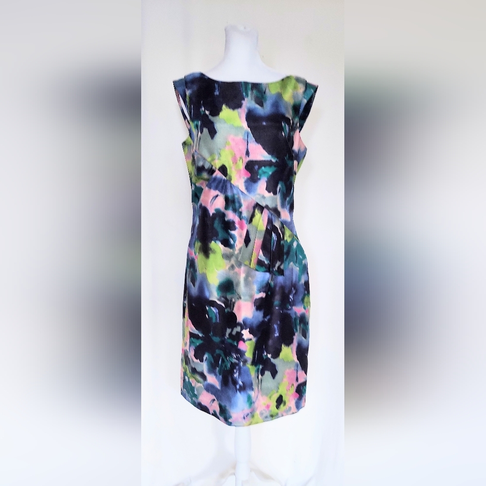 Tahari ASL Abstract Watercolor Art Sheath Dress Blue Pink Size 6